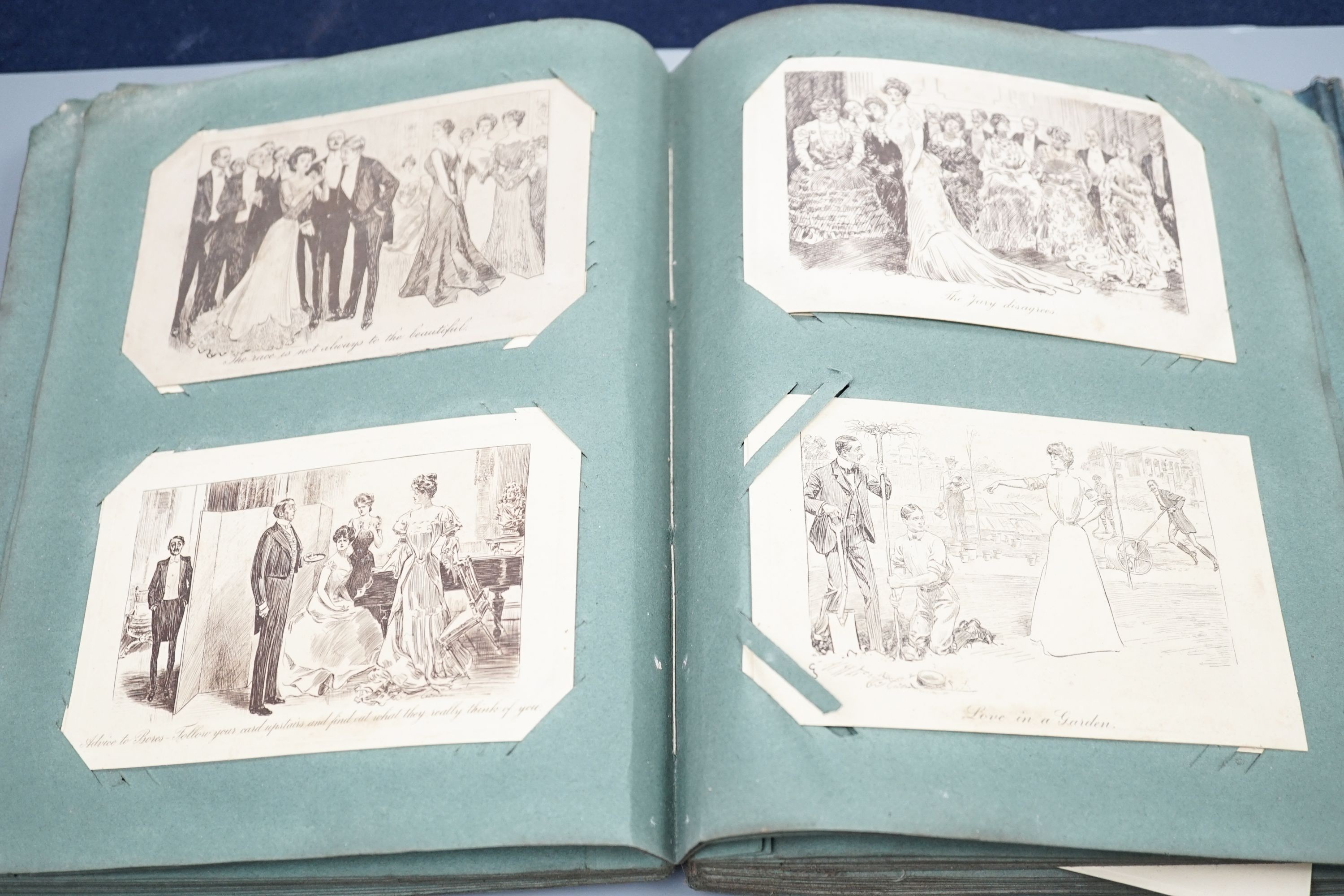An album of Edwardian and later postcards and etchings including C Dana Gibson, pictorial Comedy, romantic etc